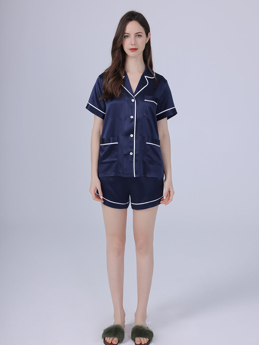 25 Momme Silk Short Sleeve Pajama Set with Contrast Piping