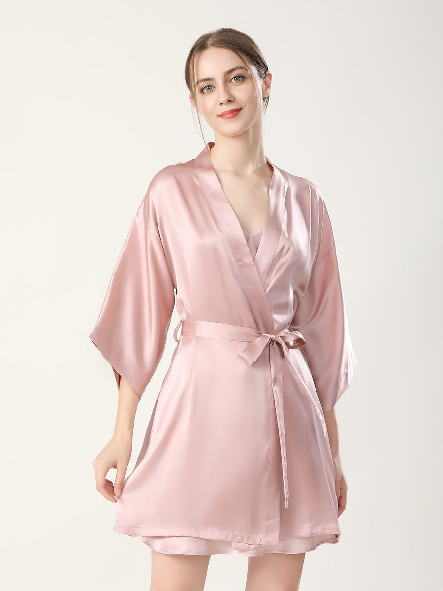 Mulberry Silk Robe and Double Strap Slip Dress Set
