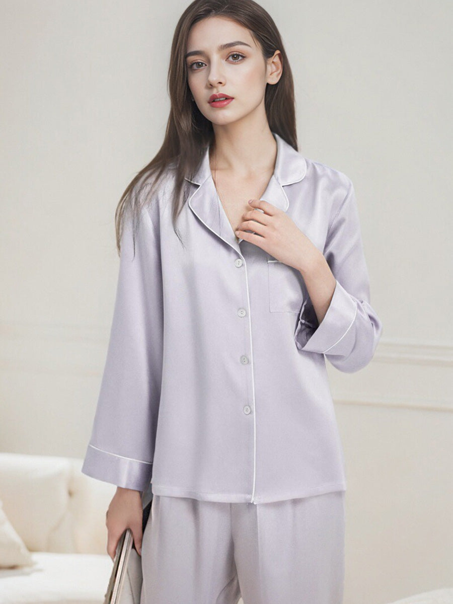 Contrast Piping Notched Collar Long Sleeve Pajama Set
