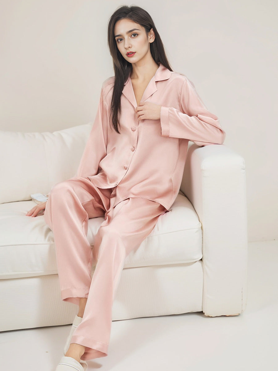 Classic Button Front Top & Long Pants Silk Sleepwear Set