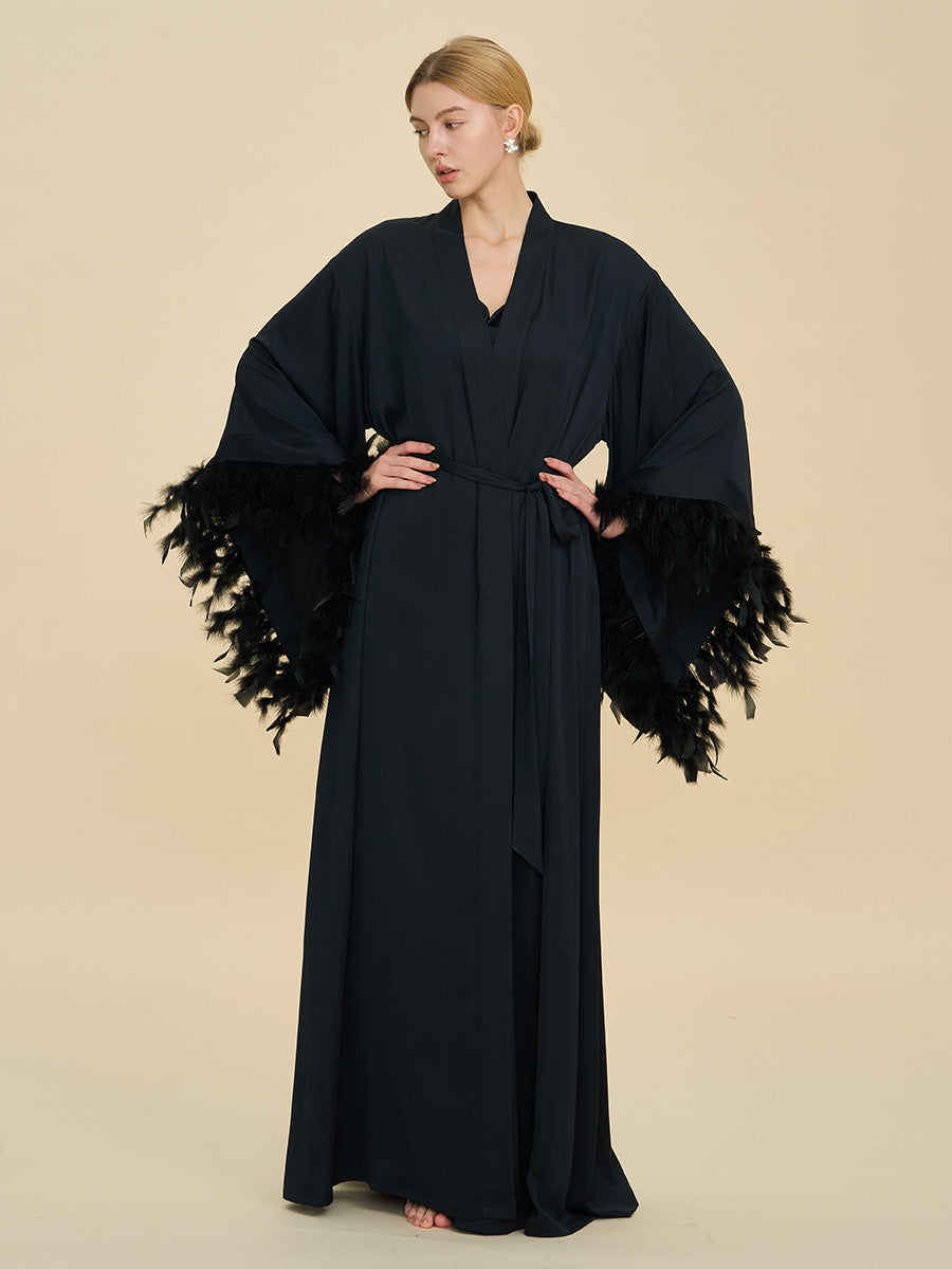 Black Satin Maxi Robe with Oversized Feather Cuffs