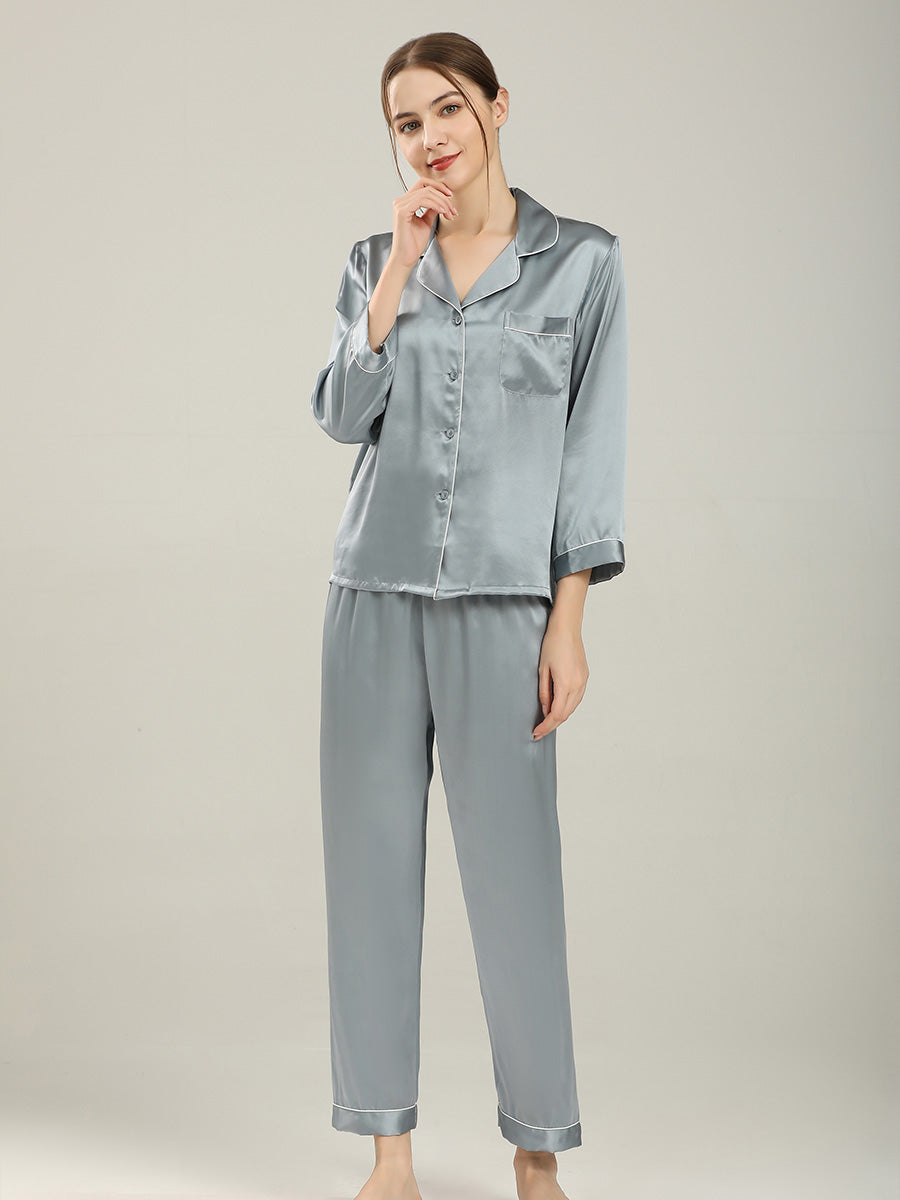 19 Momme Silk Long Sleeve Pajama Set with Contrast Piping