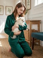 100% Mulberry Silk Rhinestone Trim Notched Collar Pajama Set