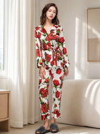 100% Mulberry Silk Red Rose Print Belted Pajama Set