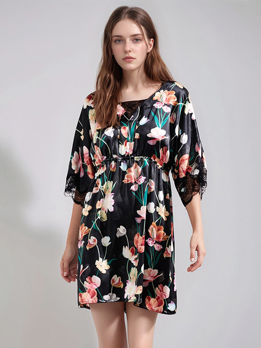 Loose Vintage Floral 100% Mulberry Silk Short Nightdress