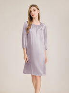 100% Mulberry Silk 3/4 Puff Sleeve Tie Neck Midi Nightgown