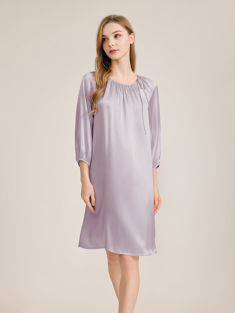 100% Mulberry Silk 3/4 Puff Sleeve Tie Neck Midi Nightgown