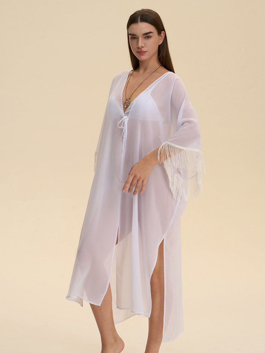 Fringe Trim Sheer Cover-Up Robe