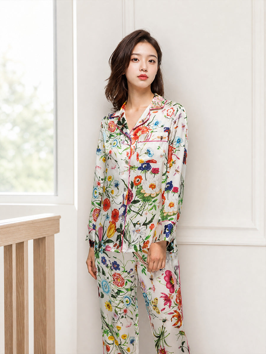 Women Floral Print 100% Mulberry Silk Long Sleeve Pajama Set