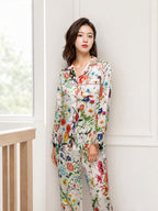 Women Floral Print 100% Mulberry Silk Long Sleeve Pajama Set