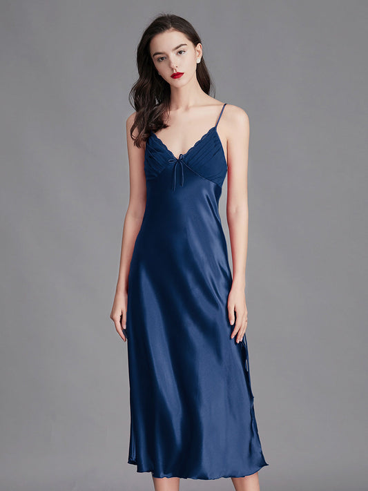 Navy Blue Satin Lace Trim Slip Dress