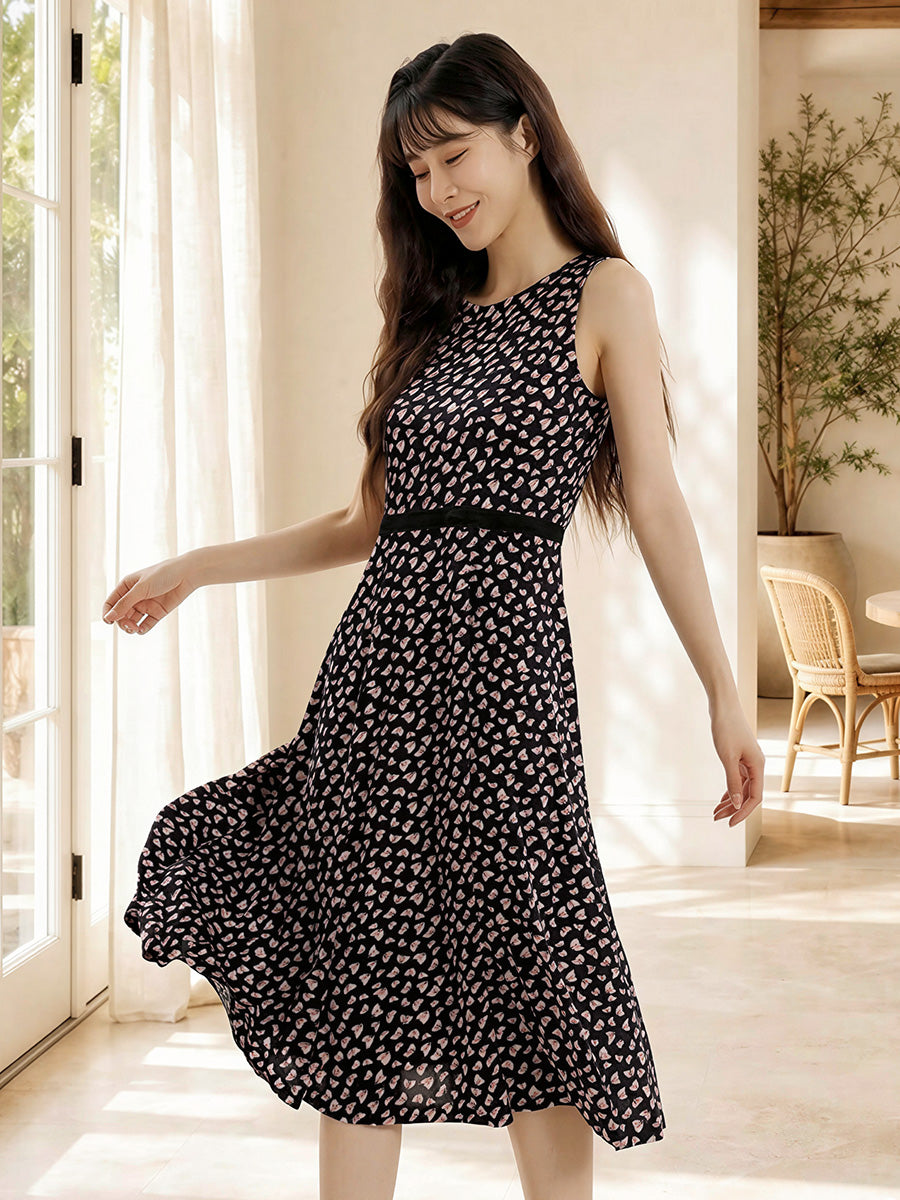 Midi Sleeveless Silk Blend Print Dress