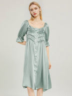 Designer Tiered Shirred Front 100% Mulberry Silk Satin Mid-Length Nightdress