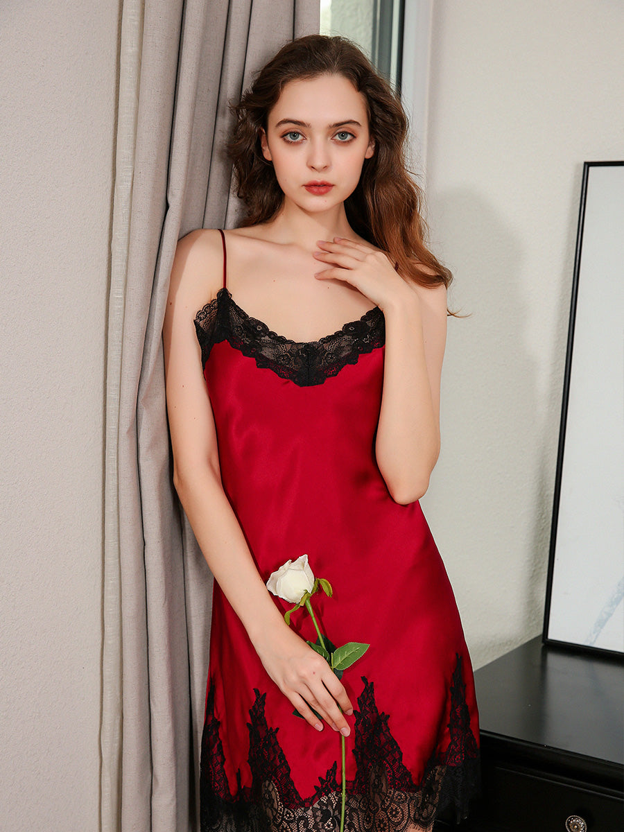 Contrast Lace Mulberry Silk Robe and Slip Dress Set