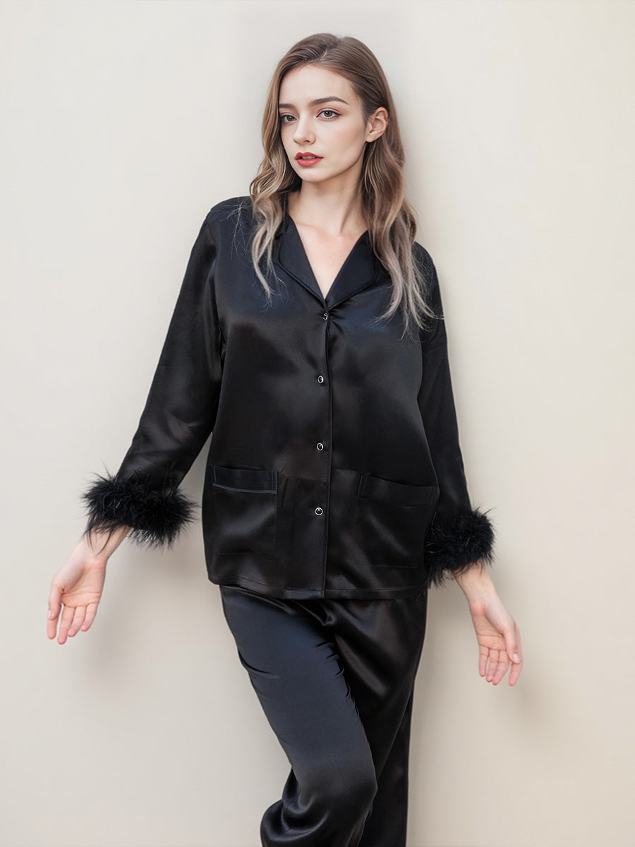 100% Mulberry Silk Ostrich Feather Trim Pajama Set