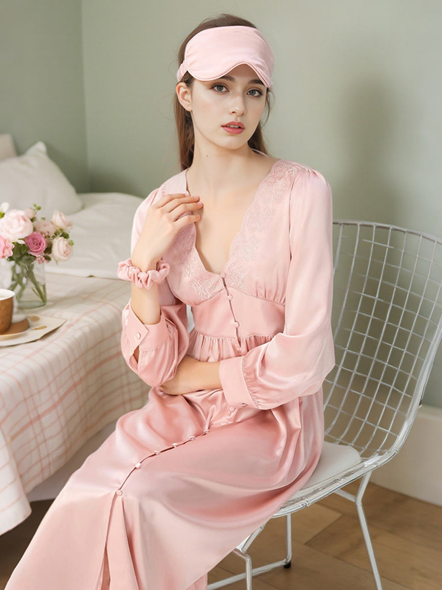 Elegant Lace Trim V-Neck 100% Mulberry Silk Full Length Nightdress