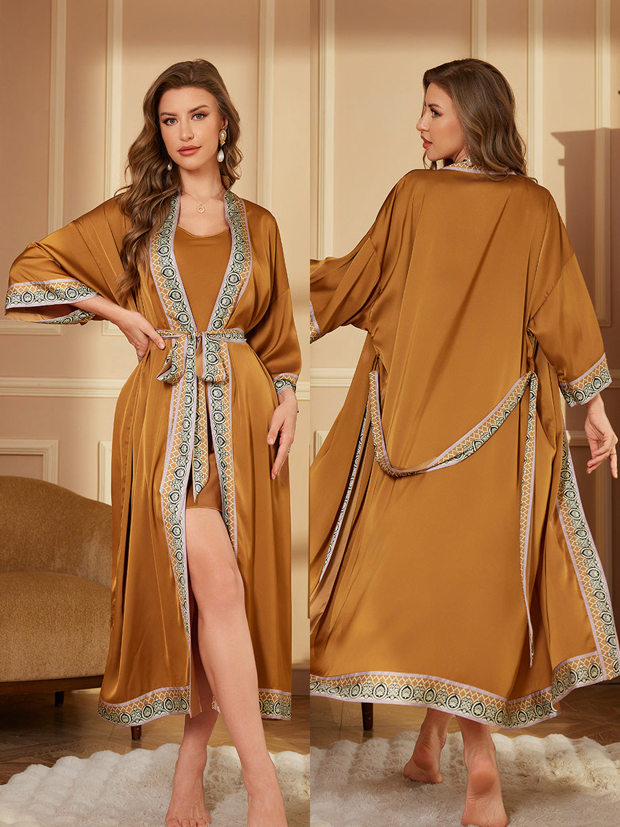 Golden Trim Satin Chiffon Kimono Robe