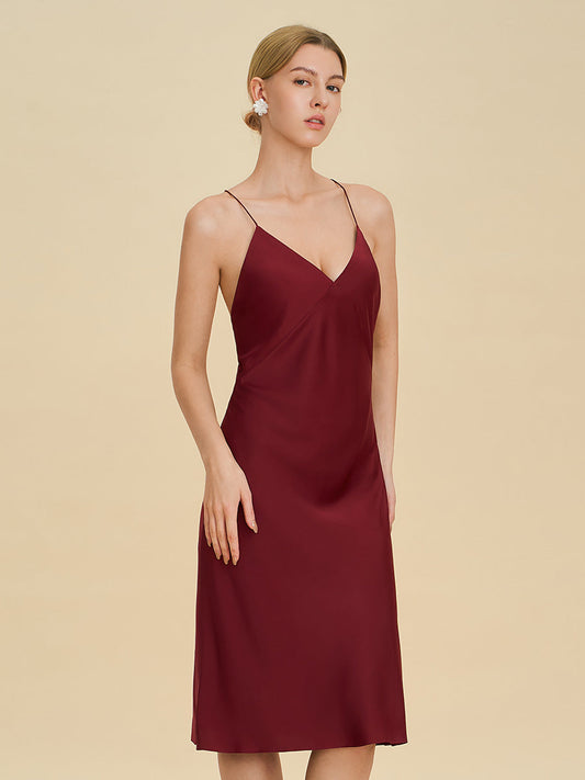Burgundy Satin Midi Slip Dress with Crisscross Back
