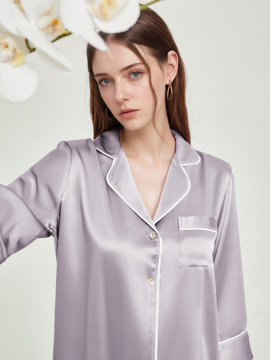 100% Mulberry Silk Contrast Piping 3/4 Sleeve Pajama Set
