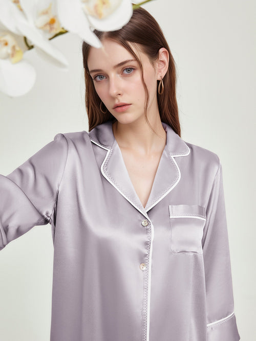 100% Mulberry Silk Contrast Piping 3/4 Sleeve Pajama Set