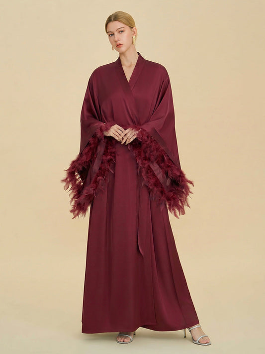 Burgundy Satin Maxi Robe with Oversized Feather Cuffs