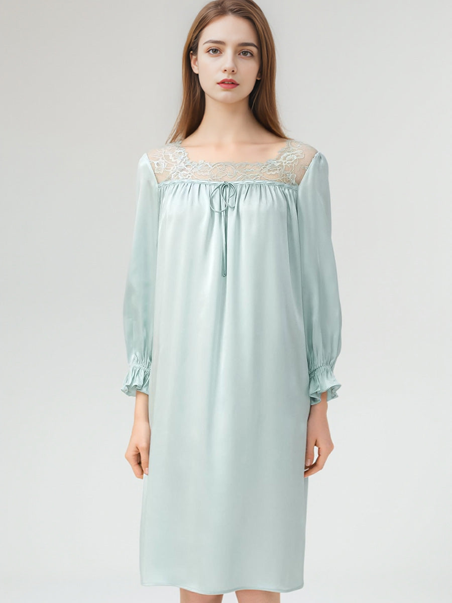 Ruffle Cuff 3/4 Sleeve 100% Pure Silk Elegant Sleep Dress