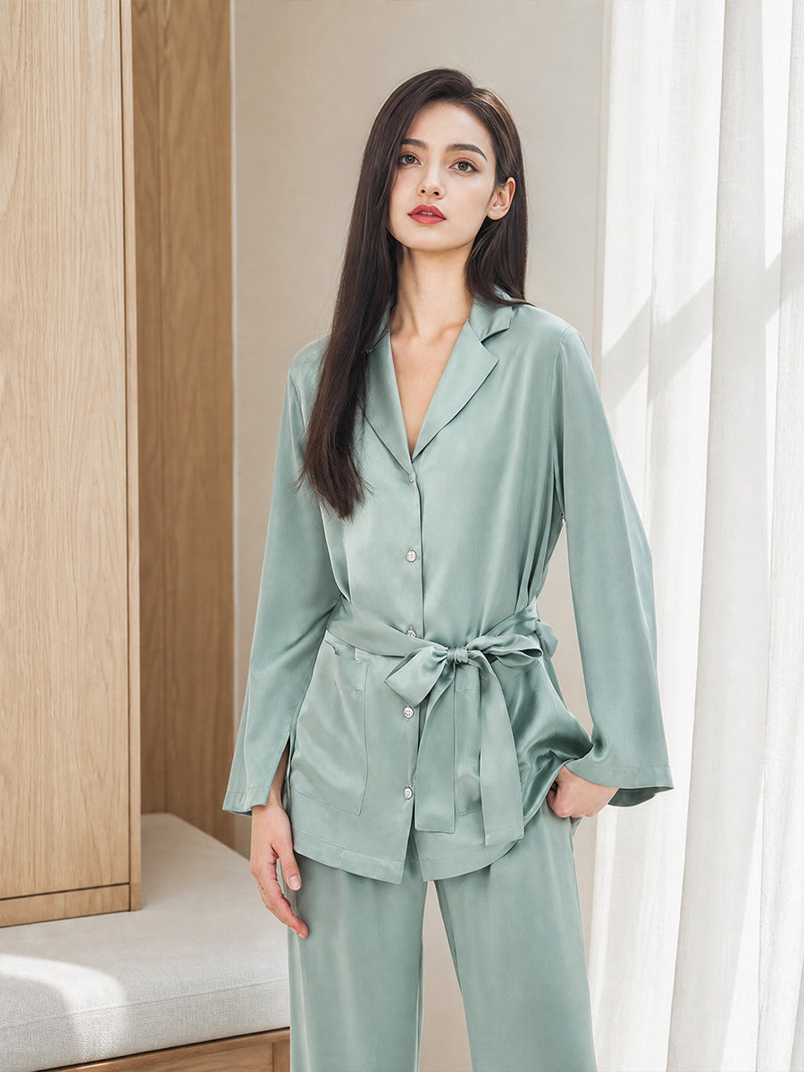 100% Mulberry Silk Belted Notched Collar Long Sleeve Pajama Set