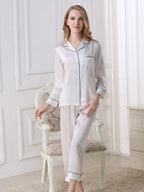 Long Sleeve Mulberry Silk Pajama Set with Contrast Piping