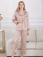 Long Sleeve Mulberry Silk Pajama Set with Contrast Piping