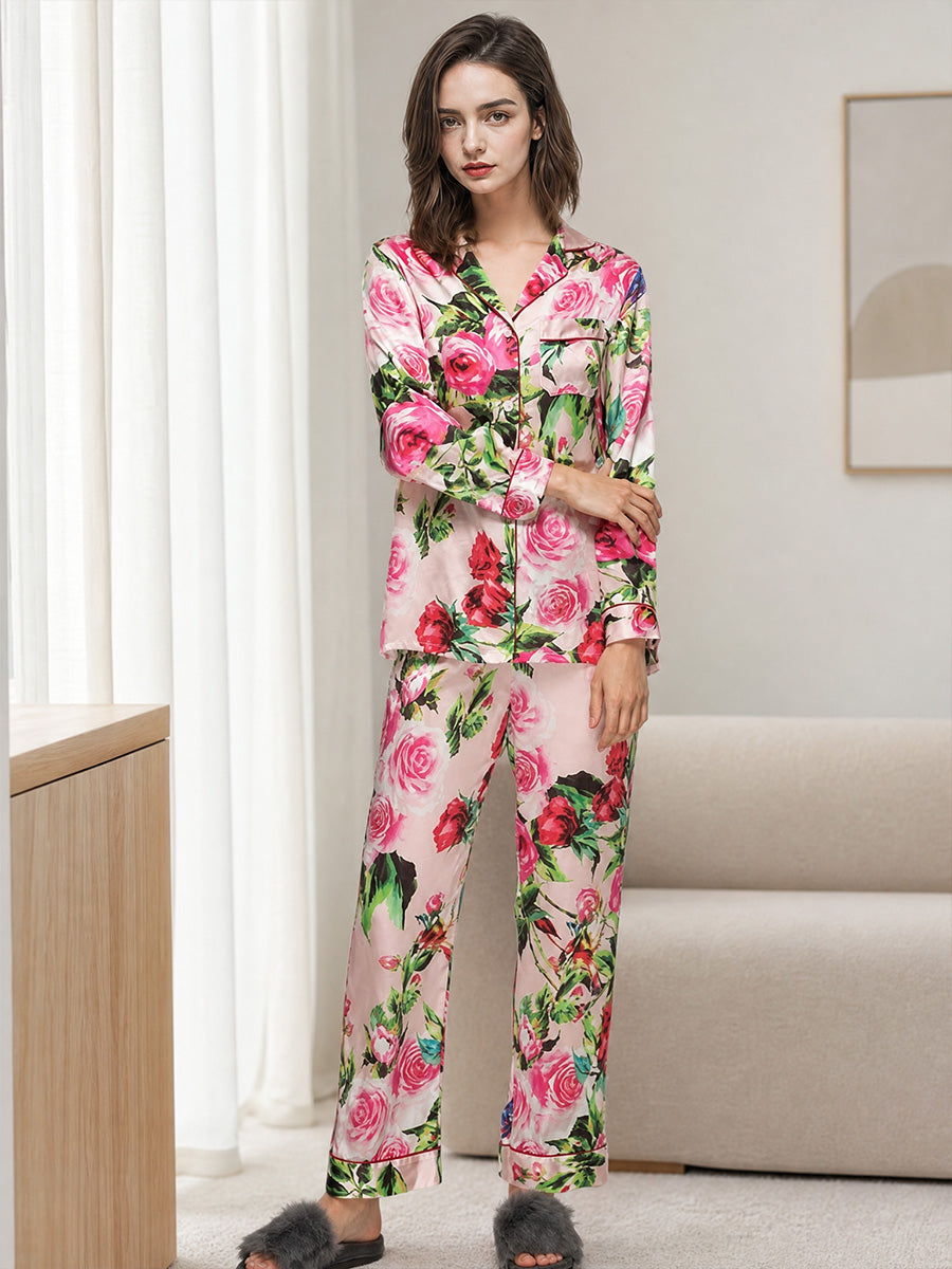 Women Floral Print 100% Mulberry Silk Long Sleeve Pajama Set