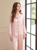 Notched Collar Button Front Chest Pocket Silk Sleepwear Set