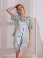 Floral Lace Trim Silk Short Sleeve Pajama Shorts Set