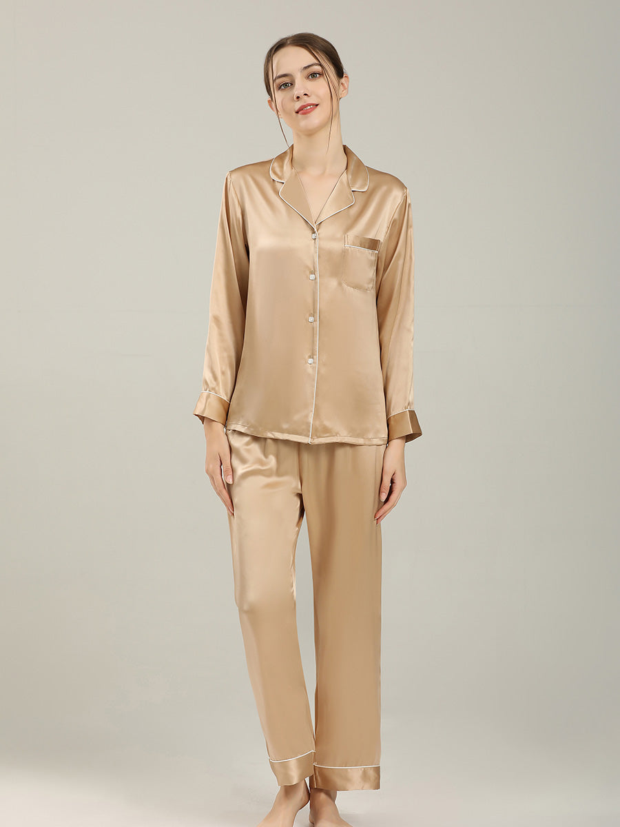19 Momme Silk Long Sleeve Pajama Set with Contrast Piping