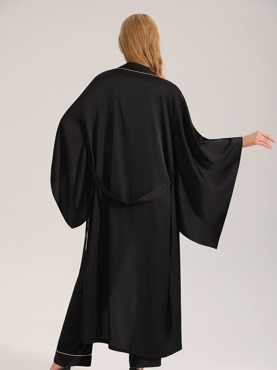 Black Satin Robe with Pink Piping