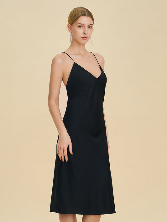 Black Satin Midi Slip Dress with Crisscross Back