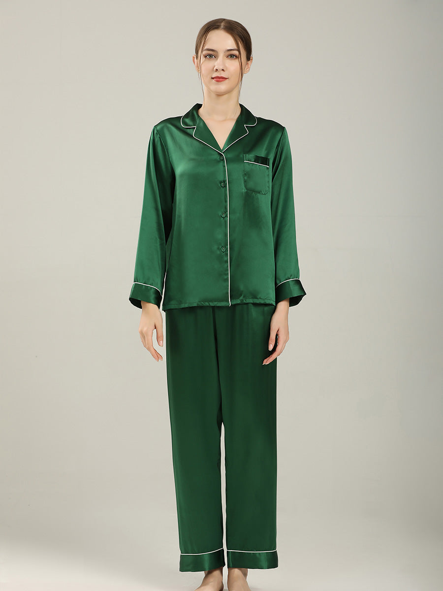 19 Momme Silk Long Sleeve Pajama Set with Contrast Piping