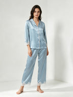 100% Mulberry Silk Lace Trim 3/4 Sleeve Pajama Set