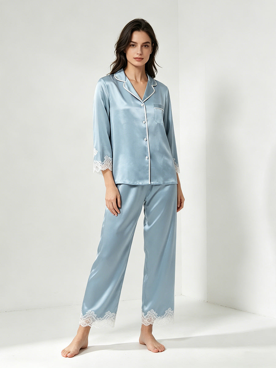 100% Mulberry Silk Lace Trim 3/4 Sleeve Pajama Set