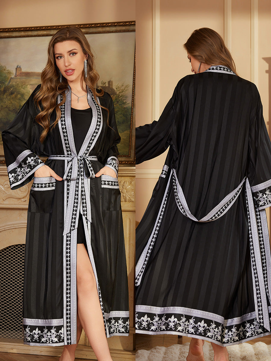 Black Stripe Trim Satin Chiffon Kimono Robe