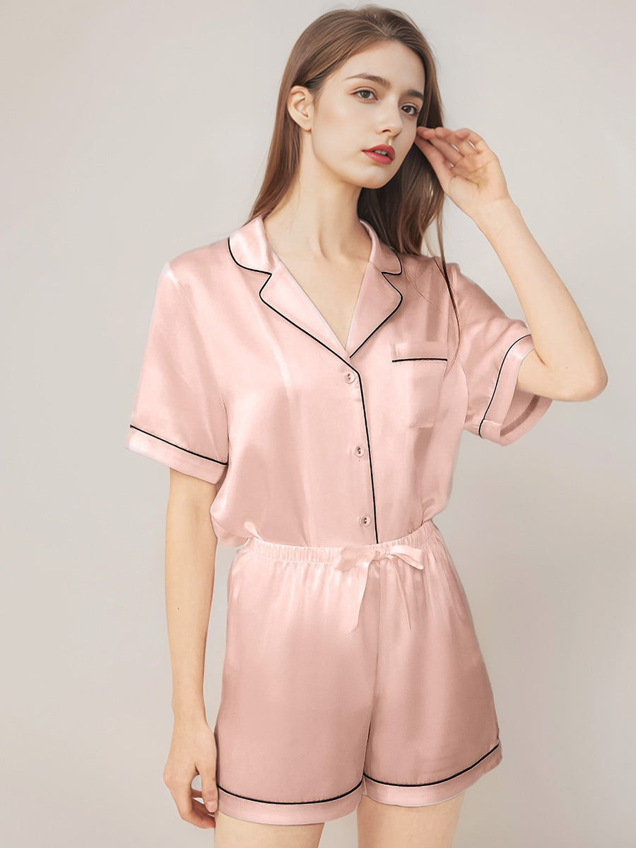 Notched Collar Button Down Top & Shorts Silk Sleepwear Set