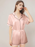 Notched Collar Button Down Top & Shorts Silk Sleepwear Set