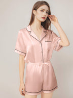Notched Collar Button Down Top & Shorts Silk Sleepwear Set