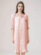 Puff Ruffle Cuff 3/4 Sleeve 100% Pure Silk Sleep Dress