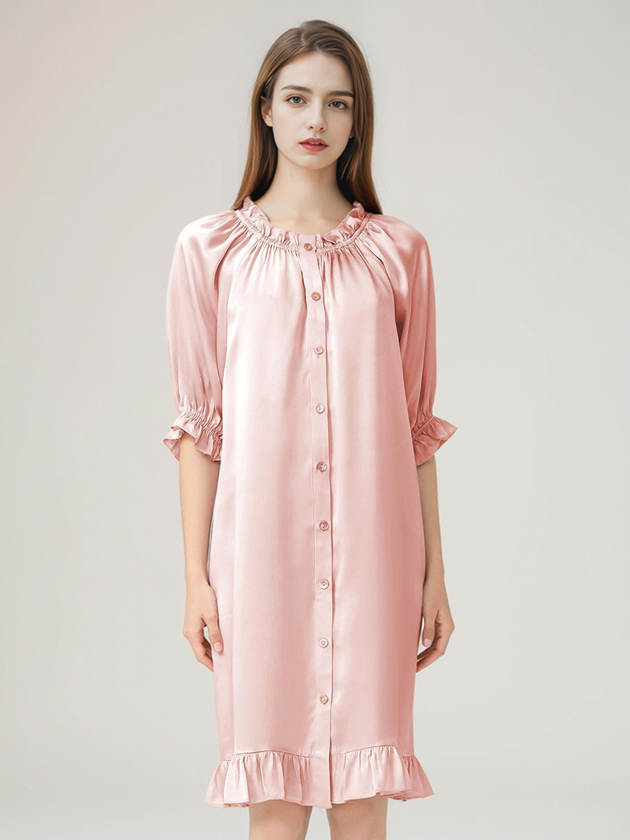 Puff Ruffle Cuff 3/4 Sleeve 100% Pure Silk Sleep Dress