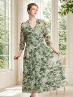 100% Pure Silk Mesh V-Neck Midi Dress