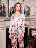Long Sleeve Mulberry Silk Pajama Set with Rose and Butterfly Print