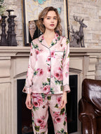Long Sleeve Mulberry Silk Pajama Set with Rose and Butterfly Print