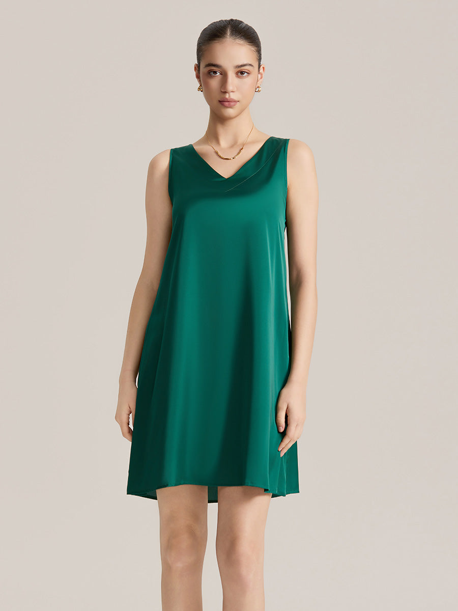 Emerald Green Satin Sleeveless Shift Dress