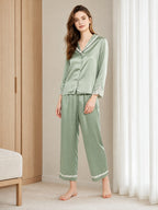 100% Mulberry Silk Lace Trim Notch Collar Pajama Set