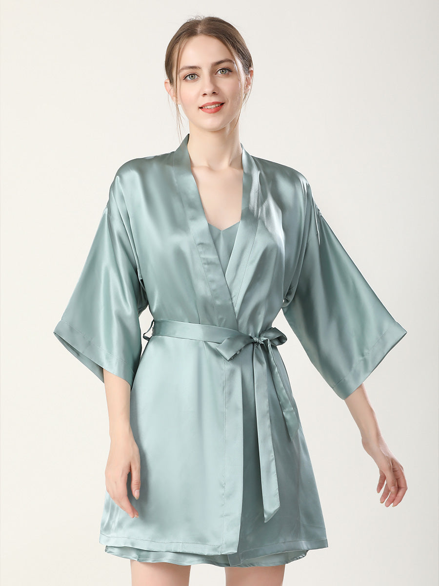 Mulberry Silk Robe and Double Strap Slip Dress Set